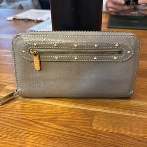 Louis Vuitton Gray Leather Wallet with Gold Accents